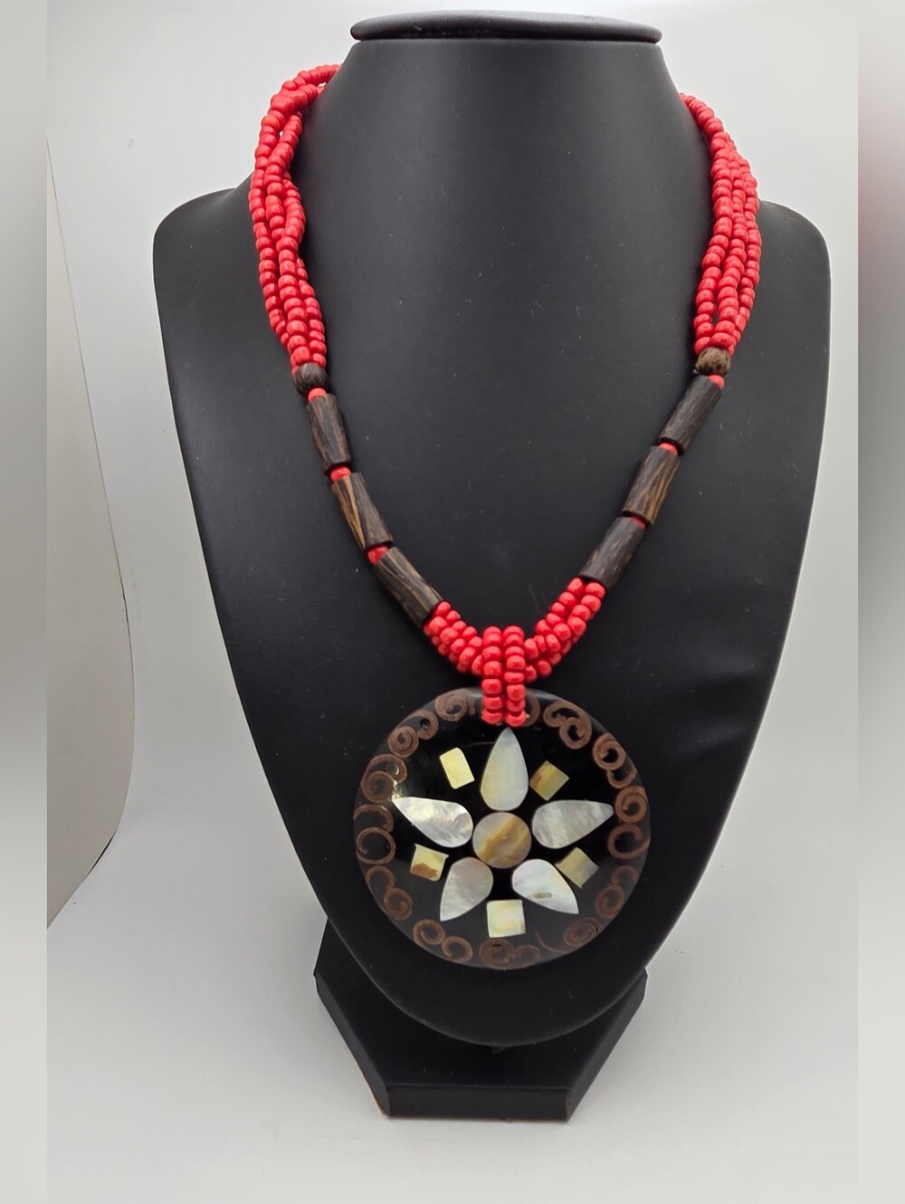 Artisanal Tribal Statement Necklace Mother of Pearl Inlaid Medallion Red Beaded